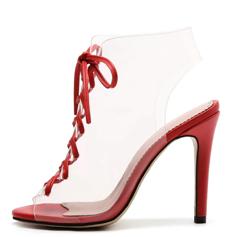 

YECHNE Women Transparent Heels Sandals Plus Size 33 43 Open Toe Shoes Sexy Peep Toe Red Green Lace Up Transparent Sandals