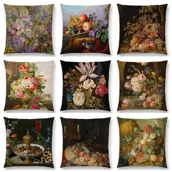 

Classical Flowers and Plants Still Life Floriculture Vase Leaf Fruits Food Oil Painting Art Cushion Cover Sofa Throw Pillow Case