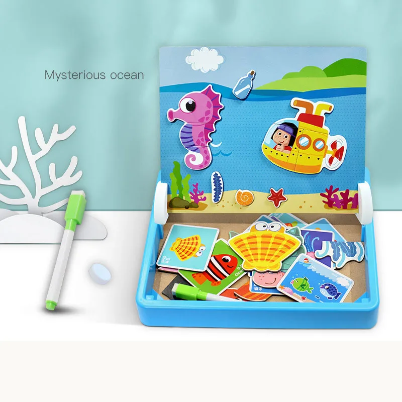 Деревянные Магнитные Головоломки, игрушки для детей, 3D головоломка, пират/океан/Ферма/буквы, доска для рисования, 6 стилей, Обучающие деревянные игрушки, подарки - Цвет: F