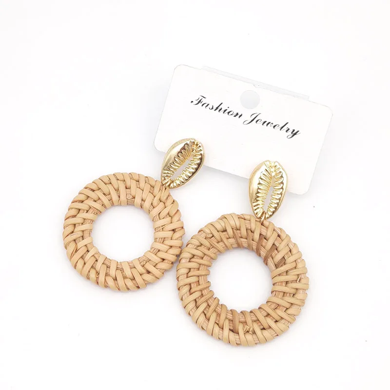 Bohemia Wicker Rattan Knit Earrings Ethnic Wood Bamboo Weaving Geometric Circle Statement Drop Earrings for Women Jewelry - Окраска металла: Metal shell 2