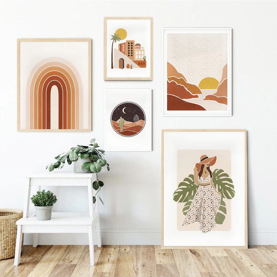 Abstract Girl sunrise geometric Leaf Plant Nordic Posters And Print Wall Art Canvas Painting Pictures For Living Room Decor | Дом и сад