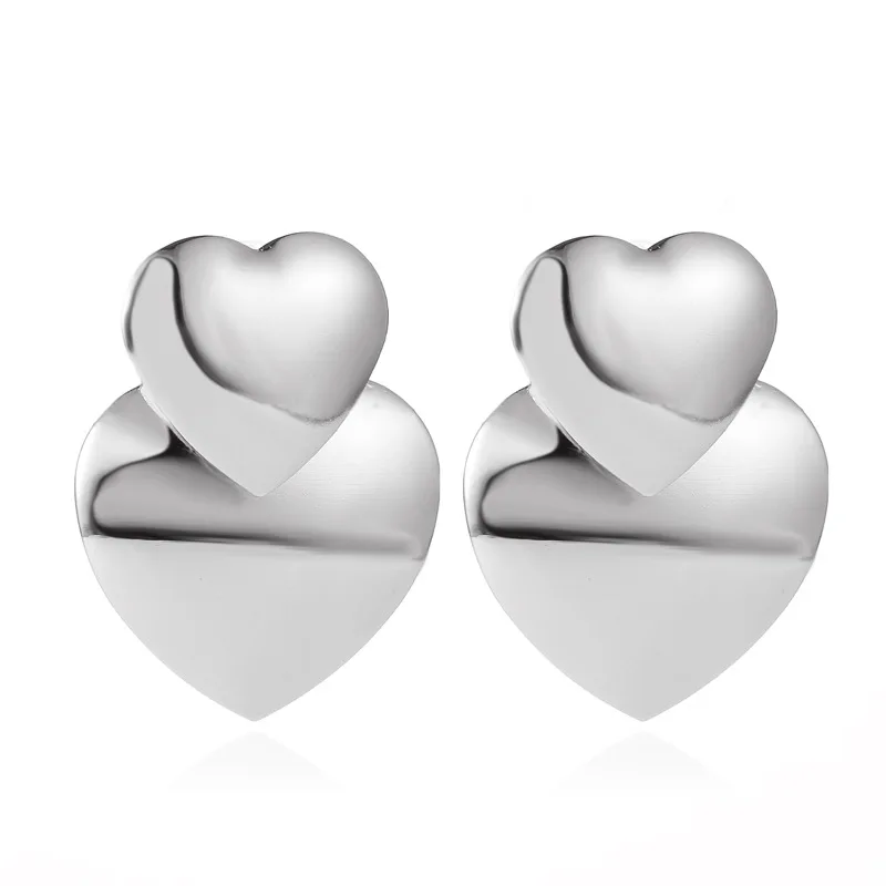 

2020 Fashion Simple Mirror Love Heart Frosty Wind Exaggerated Metal Sweet Double Peach Heart Earring Earrings