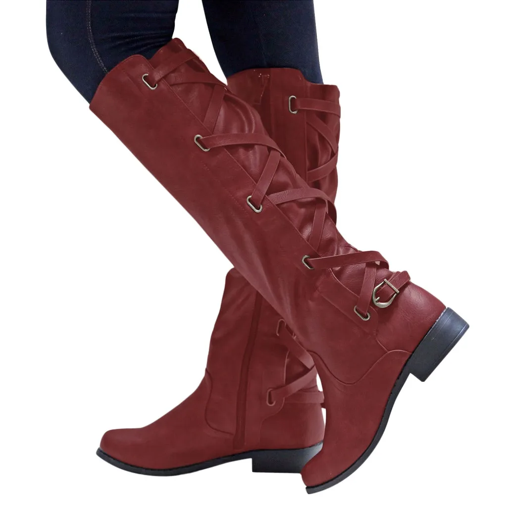 Новые женские сапоги; зимние высокие сапоги до колена с перекрестными ремешками; Теплая обувь в ковбойском стиле; Модные женские кожаные сапоги - Цвет: Wine