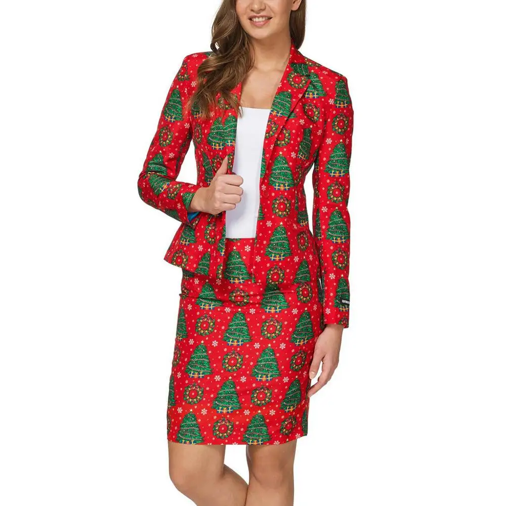 Модный женский костюм с юбкой, Рождественский принт, Блейзер, юбка, пиджак и облегающие миди юбки, два предмета, OL наборы - Цвет: RD