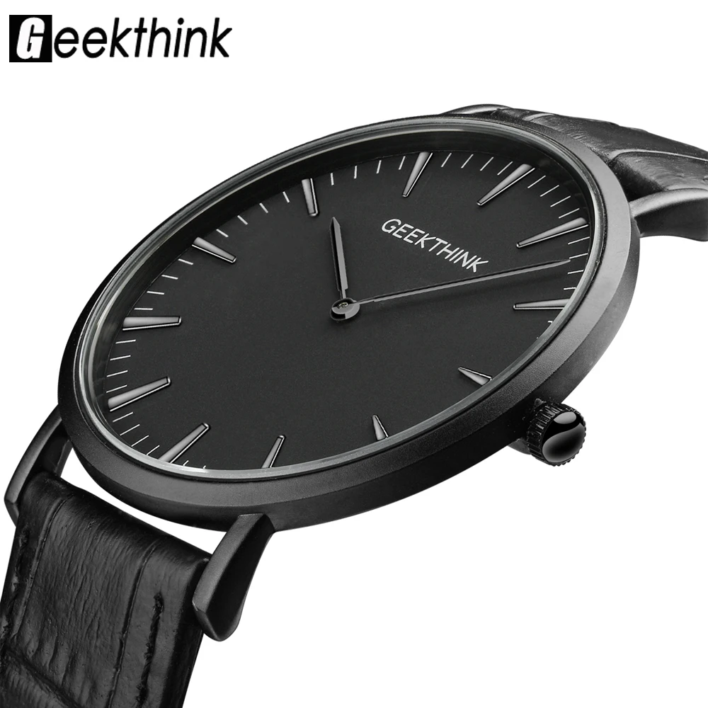 GEEKTHINK Top Brand Luxury Quartz watch men Business Casual Black Japan quartz-watch genuine leather ultra thin clock male New