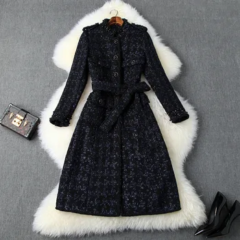 

European and American women's clothing 2019 winter new style Long sleeve collar Nail bead Fashionable bright silk tweed coat