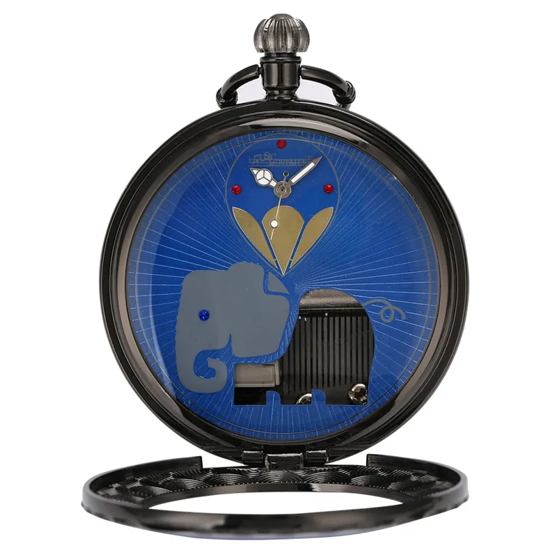 Novel Playing Song Watch Vintage Men Women Quartz Pocket Watches with Swan Lake Music Elephant Dial Pendant Clock Collectable