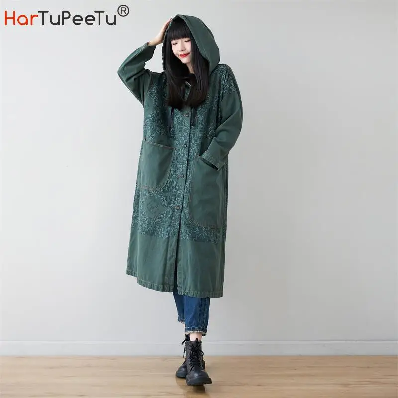 2022 Spring Fall Female Long Trench Coat Loose Vintage Print Denim Cotton Women Hooded Jacket Plain Single Breasted Windbreaker