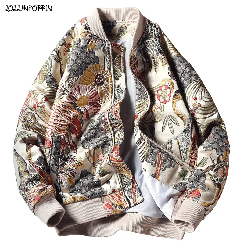 Japan Style Floral & Crane Embroidery Men Bomber Jacket Beige Stand