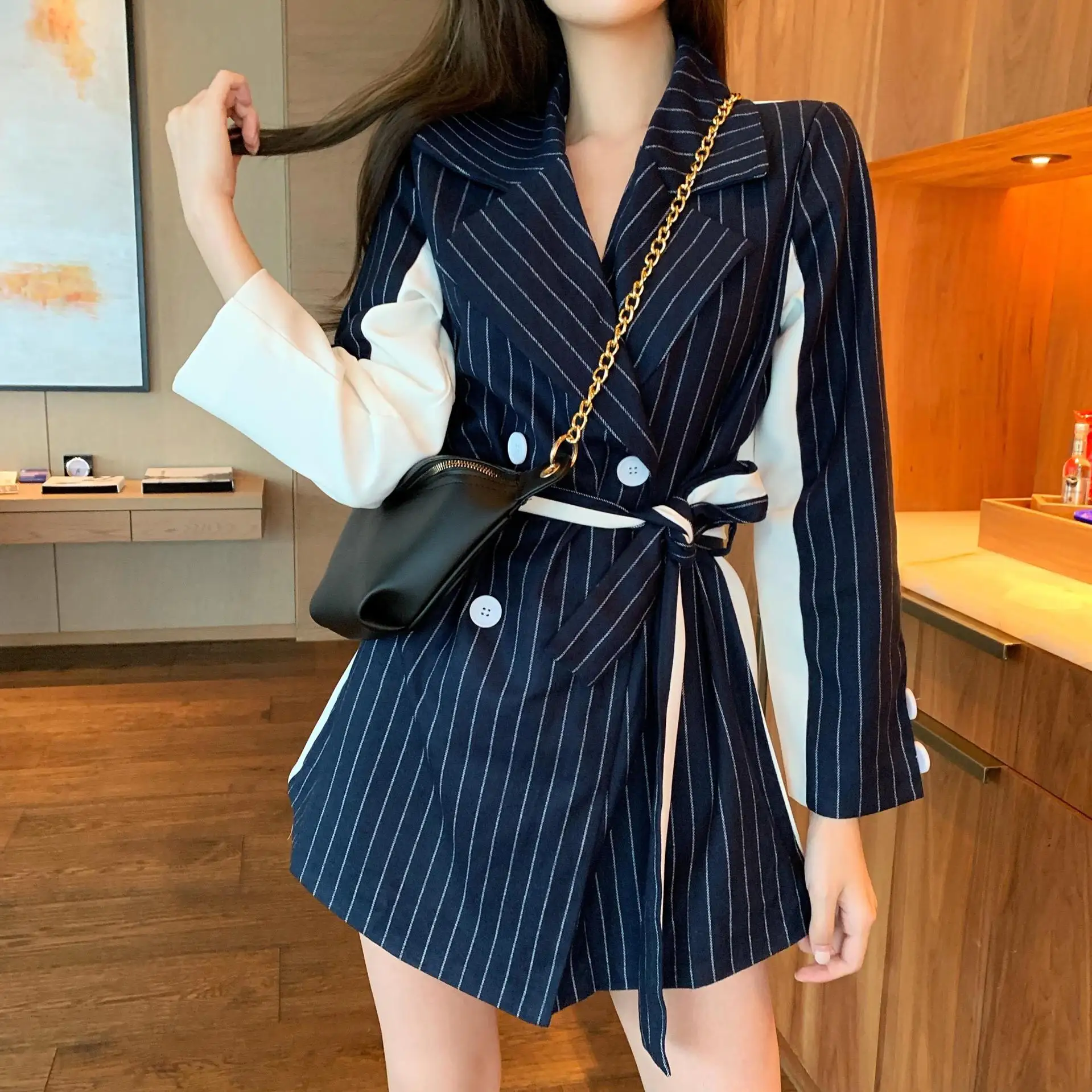 

Joint Contrast Color Stripes Mid-length Suit Jacket Women's Autumn 2019 New Style Korean-style Slim Fit Long Sleeve Waist Huggin