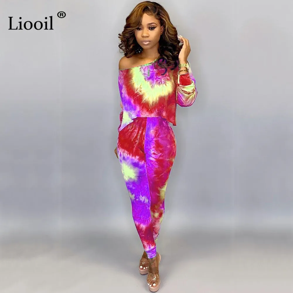 Liooil Tie Dye спортивный костюм женский комплект из двух предметов осень скидка пикантное платье на одно плечо футболка Топ и длинные брюки-карандаши набор для бегунов