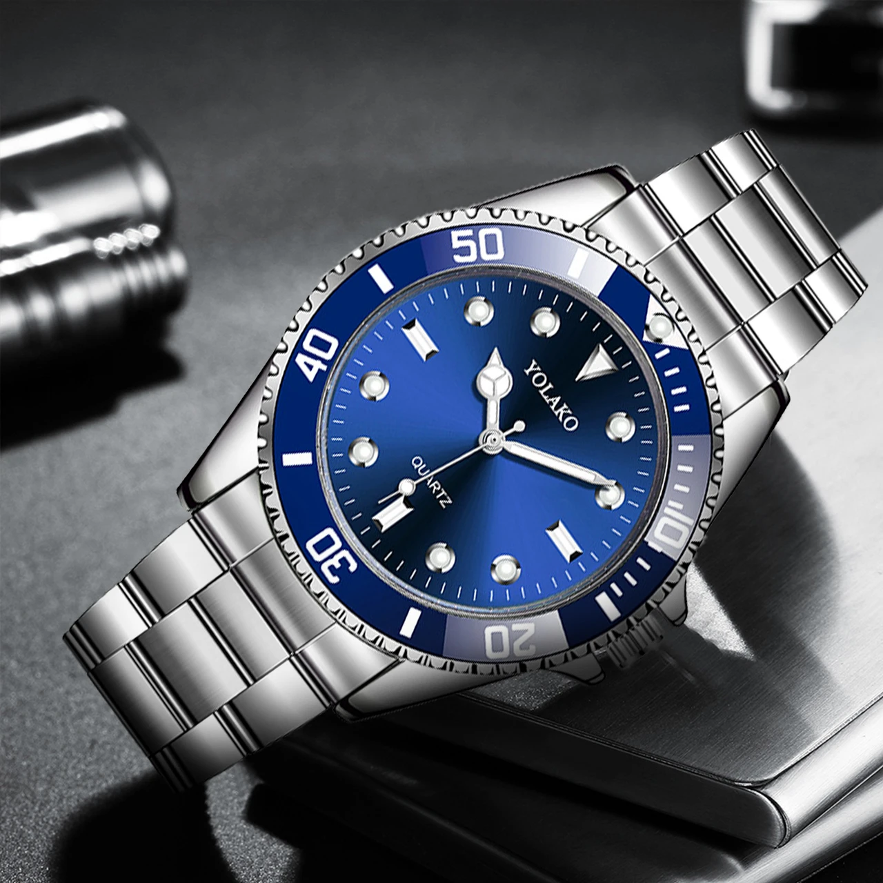 Fashion Men's Watches Blue Dial Stainless Steel Strap Clock Water