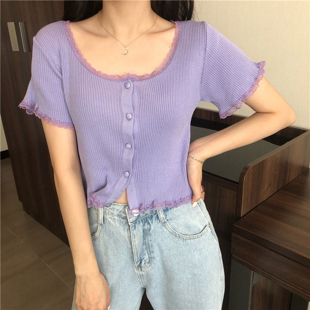 Neck Ruffles Short Sleeve T Shirt Women Summer Casual Button Crop Top Basic Blue Pink T Shirt Tops