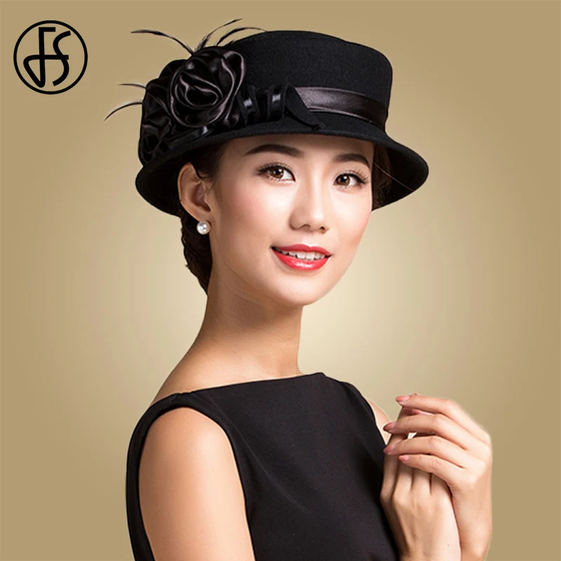 Женская шерстяная шляпка FS черная или винно красная с перьями и цветочным