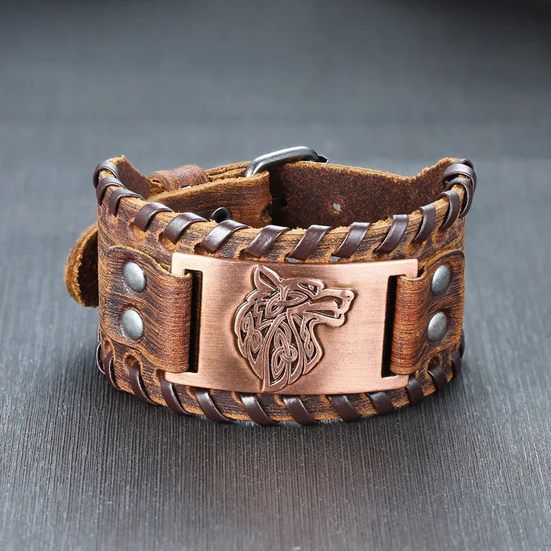 Leather Bracelet Punk Vintage Compass Bangles Nordic Runes Odin Symbol Wrap Viking For Men