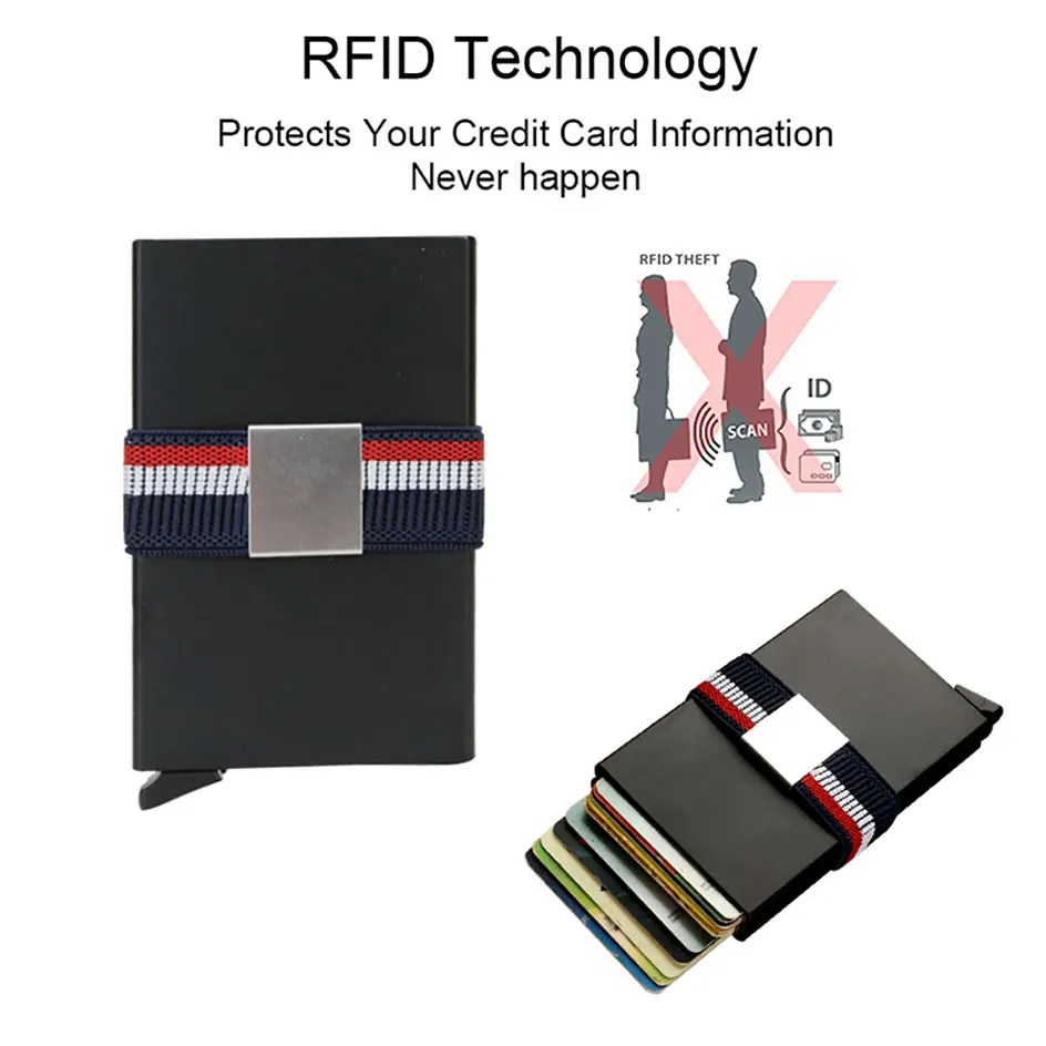 DIENQI модный двойной кошелек черный металлический RFID кошелек для мужчин Эластичность резиновый ремешок кошелек карман для карт Многофункциональный кошелек