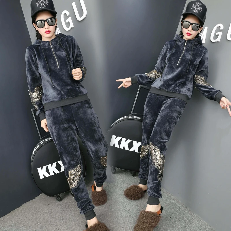 

Winter Thick Velour Women Sport Suit Tracksuit Warm Hoodie Sweatshirt+pant Casual Jogger Running Workout Outfit Set Sports wear