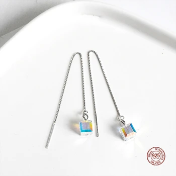 LKO 925 Sterling Silver Austrian Aurora Cube Crystal Earrings For Woman Long Tassel Earrings New Fashion Zircon Jewelry Gifts