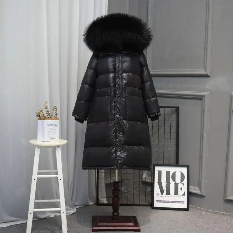 Xlong Parkas для женщин зима большой натуральный мех зима с капюшоном черная куртка негабаритная Водонепроницаемая теплая куртка на утином пуху для женщин - Цвет: Black