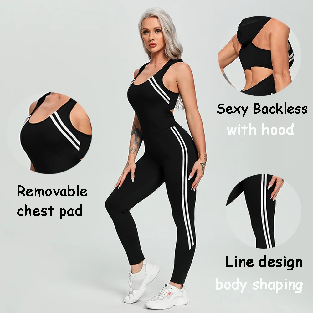 Women Yoga Gym Sportswear Sexy Hollow Backless Tracksuit Fitness Slim Sport Sets with Hat White Black Workout Jumpsuit With Pad