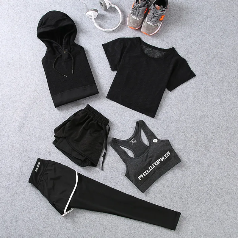 

Gym Clothes 5 Pcs Set Women Sport Seamless Yoga Set Hooded Coat+t Shirt+bra+short+high Waist Leggings Women Workout Clothes