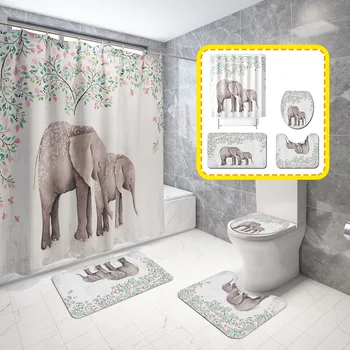 

Foreign Trade New Products Elephant Bucket Printed Chamber Pot Mat Four-piece Set Bathroom Anti-slip Rug Set Cross Border Hot Se