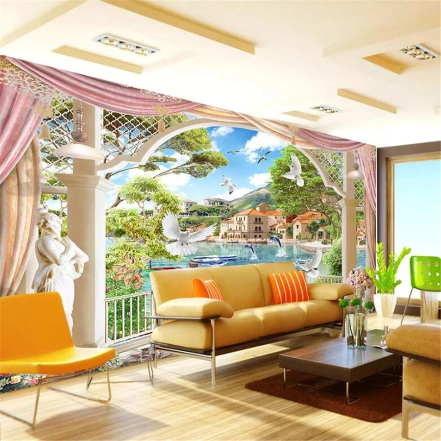 

Drop Shipping Custom Wallpaper Photo Mural Stereo Window Outside Seascape Background Wall Painting Living Room Bedroom Wallpaper