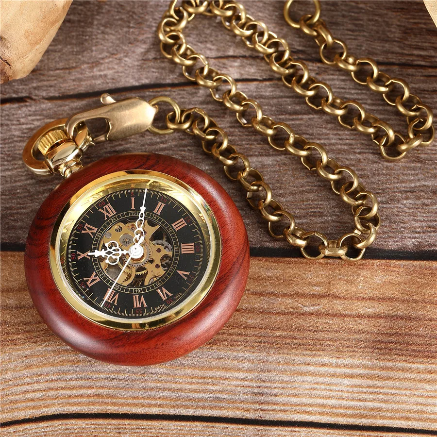 Round Wooden Mechanical Pocket Watch Luxury Red Black Wooden Watch Hand Winding Skeleton Fob Watches Men Women Clock Gifts Reloj