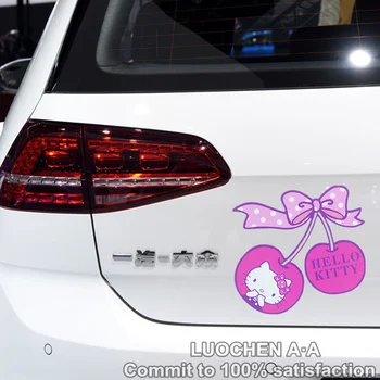 

14CM*14CM Cat Pink Bow-knot Cherry Lovely Cartoon Car Stickers Creative Decals Cover Scratches Auto Tuning Syling D10
