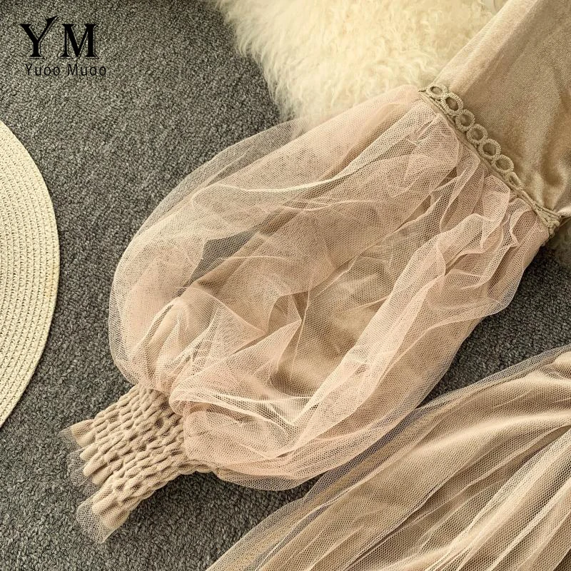YuooMuoo романтическое женское кружевное розовое вечернее платье осенне-зимнее элегантное платье с длинными рукавами-фонариками в готическом стиле винтажное ТРАПЕЦИЕВИДНОЕ платье миди с поясом