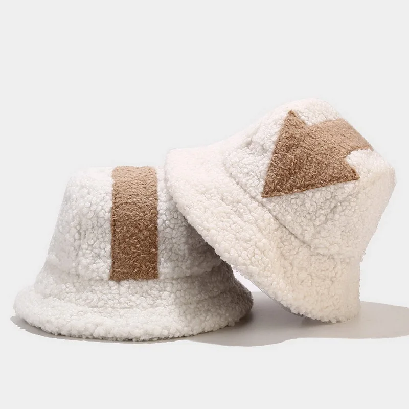 

bucket hat Lamb wool hat winter warm Fishing Caps Faux Fur Arrow Symbol Printed Bucket Hat Men Women tide Flat Top Hats