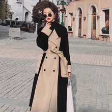 

French color matching woolen coat women's middle and long winter temperament is thin, popular woolen coat