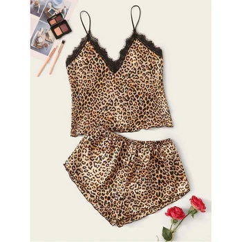 

2 Piece Womens Underwear Lingerie Pajamas Sets Spaghetti Strap Lace Leopard Print Cami Top and Shorts Sleepwear Nightwear Set