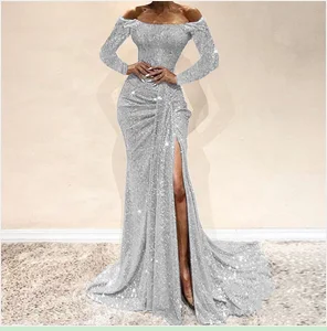 New Fashion Sexy Women V Ncek Solid Sequined Glitter Stitching Shining Club Sheath Long Sleeved Mini Dress For Female