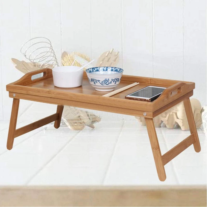 Натуральный Бамбуковый поднос для завтрака с ручкой, поднос для завтрака в кровати или использование в качестве ТВ-стола, складной поднос для кровати, стол для ноутбука