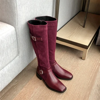 

2020 New winter shoes women's riding boots genuine leather flock buckle knight boots women's knee-high boots bottes femme