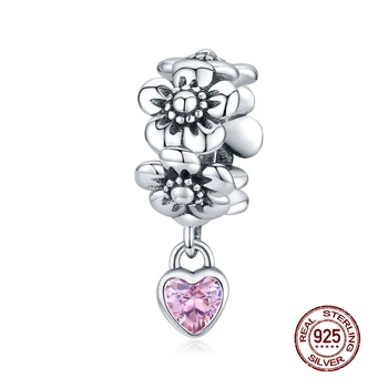 

MOWIMO Pink Blossom Flower Charms 925 Sterling Silver Zircon Heart Beads Fit Original Silver Bracelet Pendant Jewelry BKC1485
