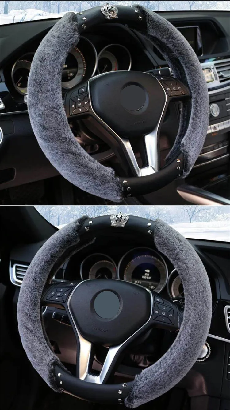 Универсальный Зимний плюшевый Меховой чехол рулевого колеса автомобиля Bling Стразы Корона нескользящий защитный чехол для рулевого колеса для женщин