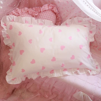 

74x48cm princess style cotton flounce frill pink pillowcase bed single heart printed pillow cover plaid sleep pillow case