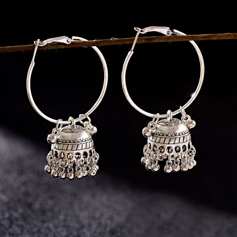 

2019 Vintage Ethnic Women's Round Silver Jhumki Earrings Indian Tibetan Jewelry Tribe Bohemia Boho Bell Tassel Earrings