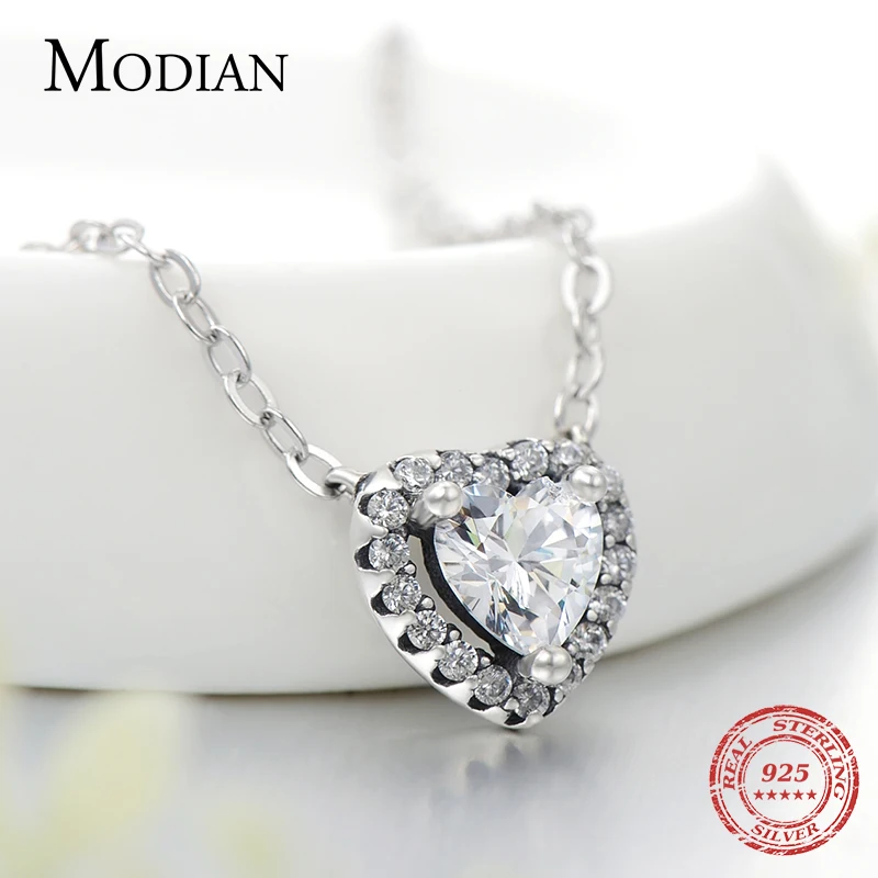 Modian Echt 925 Sterling Silber Klar CZ Herz Anhänger Halskette für Frauen Kette Mode Hochzeit Aussage Schmuck Zubehör