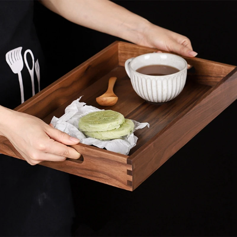 Black Walnut Handmade Wooden Food Tea Tray Restaurant Serving Tray Rectangle Wood Tray Plate Are Easy Use Plate Cake