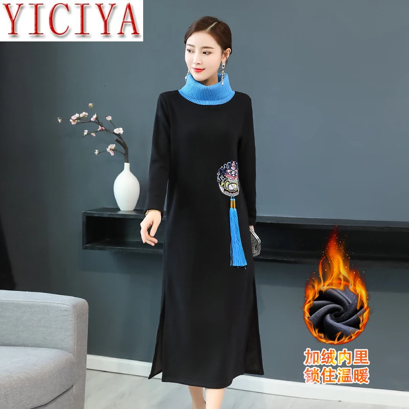 

Elegant Retro Style Turtleneck Warm Tassel Dress Velvet Black Dresses Plus Size Large Big Maxi Vestidos Winter Spring Clothing