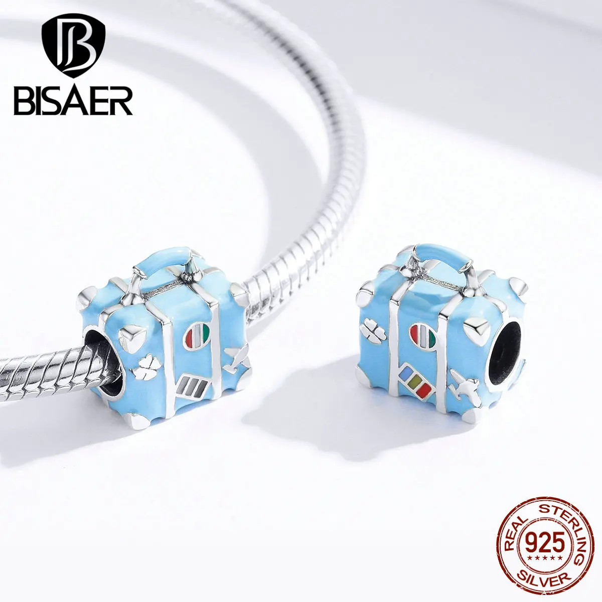 Travel Charms BISAER Hot Sale 925 Sterling Silver Travel Suitcase Box Beads Blue Charms fit Women Bracelets Jewelry ECC1377