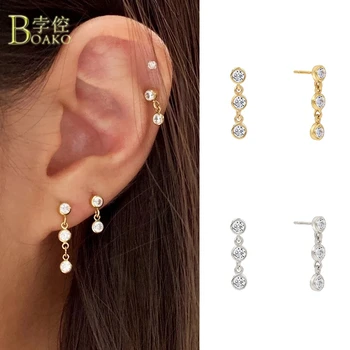 

BOAKO 925 Sterling Silver Drop Earrings FOR LadiesPARTY Earring INS Simple Three Zircon Pendientes Earings SLIVER Jewelry