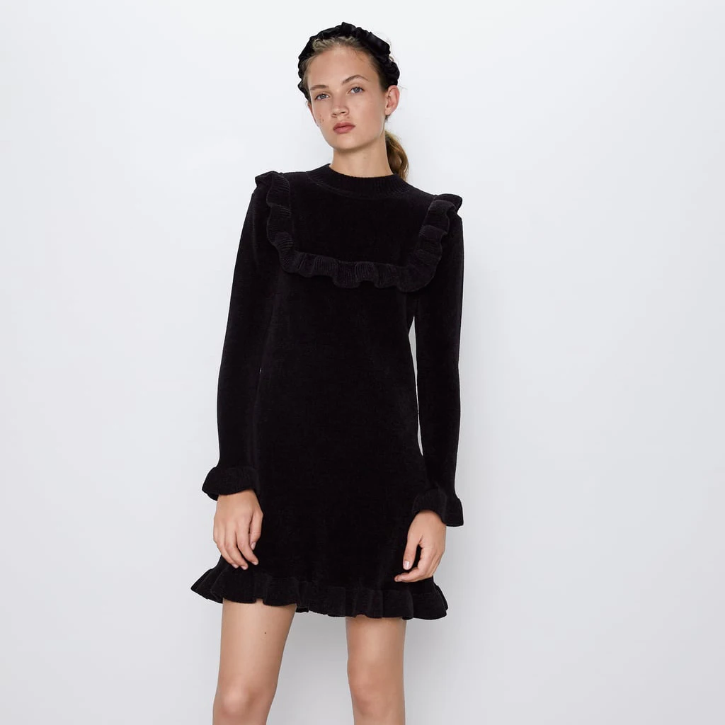 ZA винтажное осеннее черное кружевное платье для женщин, Осеннее зимнее платье, Трендовое Элегантное Черное теплое платье с воротником под горло с искусственным жемчугом