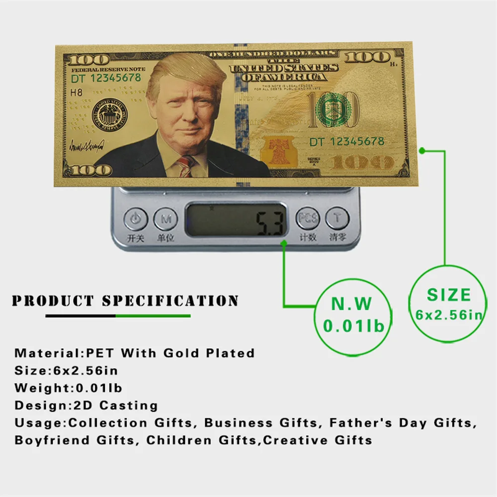 RH 10 шт покрытием реалистичный Дональд Трамп 24K позолоченные долларов украшения банкноты высокого качества