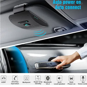 

Bluetooth 4.2 Receiver Handsfree Car Kit Sun Visor Clip 2W Hifi Speakers Dual MiC Noise Cancelling Support Siri voice Control