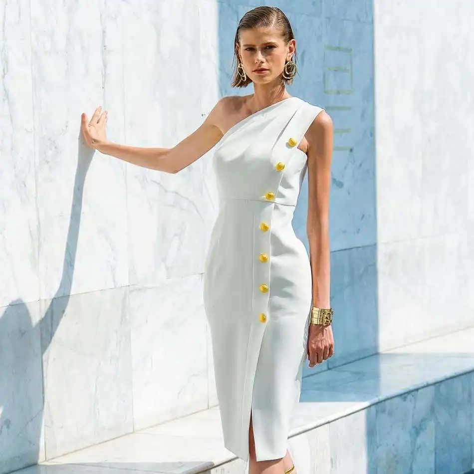 

Seamyla White One Shoulder Button Slit Dress Women Elegant Evening Night Party Bodycon Club Dresses Sexy Summer 2019 Vestidos