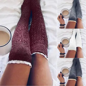 

Women's Stocking Winter Stockings Thigh High Over Knee Socks Lace Trim Knitted Stockings for Women Girls Warm Stockings medias